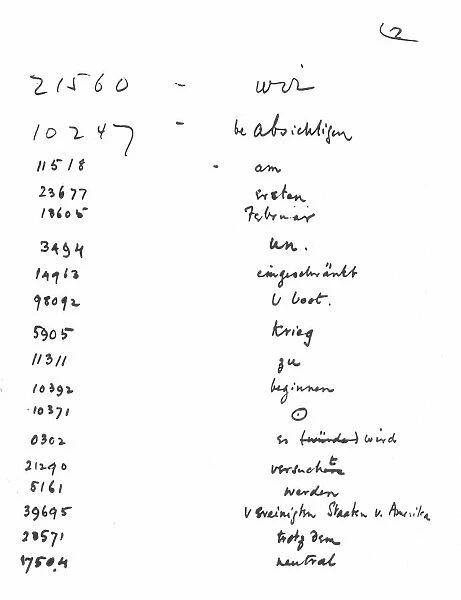 ZIMMERMANN TELEGRAM, 1917. Page 2 of the British decode of the Zimmermann telegram