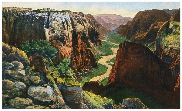 ZION NATIONAL PARK. Panorama of Zion Canyon, Zion National Park, Utah. From an American chromolithograph postcard, c1930