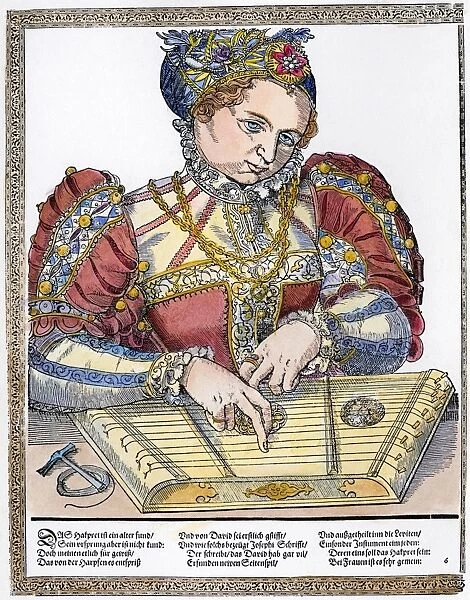ZITHER PLAYER, 16th CENTURY. German woodcut by Tobias Stimmer (1539-1584)