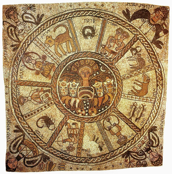 Zodiac mosaic at the Beit Alpha Synagogue in Israel. Mosaic, 6th century