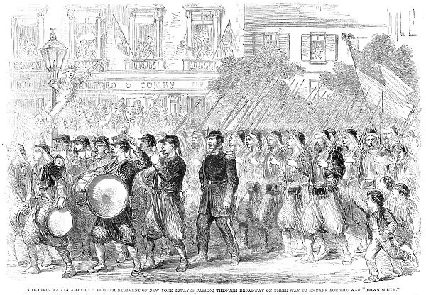 ZOUAVES MARCHING, 1861. The 5th Regiment of New York Zouaves marching up Broadway, New York City, prior to embarking for the South, 23 May 1861. Wood engraving from a contemporary English newspaper