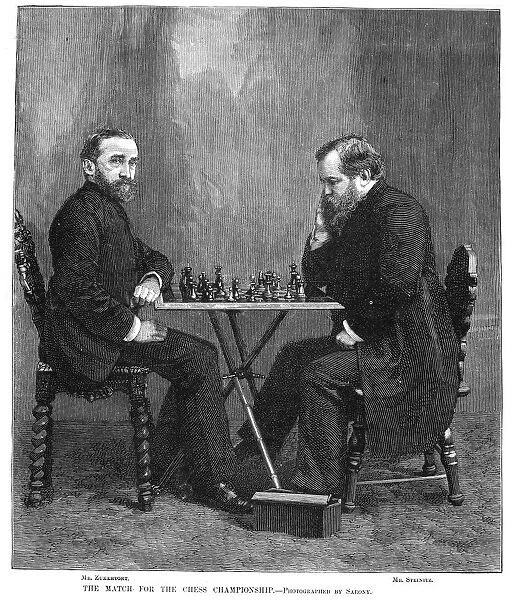 ZUKERTORT VS. STEINITZ. Johannes Hermann Zukertort and Wilhelm Steinitz at the time of their chess championship match in New York in 1886. Wood engraving from a contemporary American newspaper