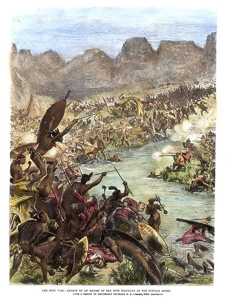 ZULU WAR, 1879. Zulu warriors attack an escort of the 80th Regiment at the Intombi River: wood engraving from a contemporary English newspaper