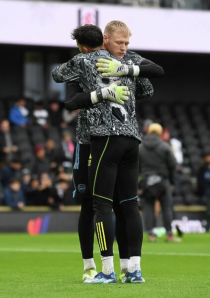 Arsenal Goalkeepers David Raya and Aaron Ramsdale Before Fulham Clash, Premier League, London 2023