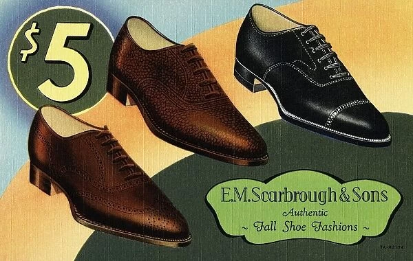 Advertisement for Mens Shoes. ca. 1937, WE regard each pair of these genuine calfskin oxfords (available in black or brown) as a long time walking advertisement for our shoe department. Sturdy, smart shoes for $5. 00 are indeed good news this fall. We offer an exceptional selection of lasts and sizes. We suggest an early visit while the selection is complete