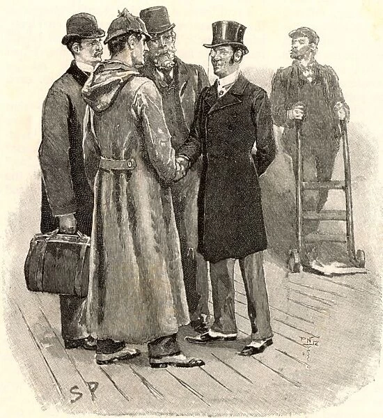 The Adventure of Silver Blaze. Dr Watson, left, and Sherlock Holmes being greeted