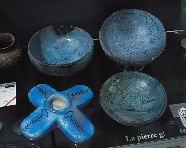 Ancient Egyptian faience bowls and lamp base, New Kingdom