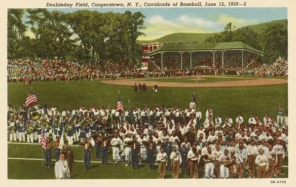 Baseball Game at Doubleday Field. ca. 1940, Cooperstown, New York, USA, Doubleday Field, Cooperstown, N. Y. Cavalcade of Baseball, June 12, 1939-2 On this field in 1839 was played the first game of Baseball, invented by Major General Abner Doubleday of Civil War fame. Babe Ruth and many other famous baseball players were here for the cavalcade of baseball June 12, 1939