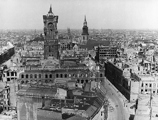 Berlins red city hall, foreground, left, showing severe bomb damage, berlin in ruins at the end of world war ll, germany, 1945