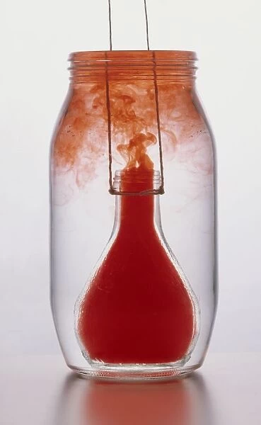 Bottle containing hot water (coloured red), lowered into jar of cold water, hot water rising to top of jar