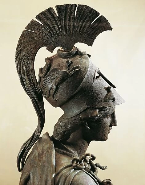 Bronze statue of Athena with helmet, detail, head