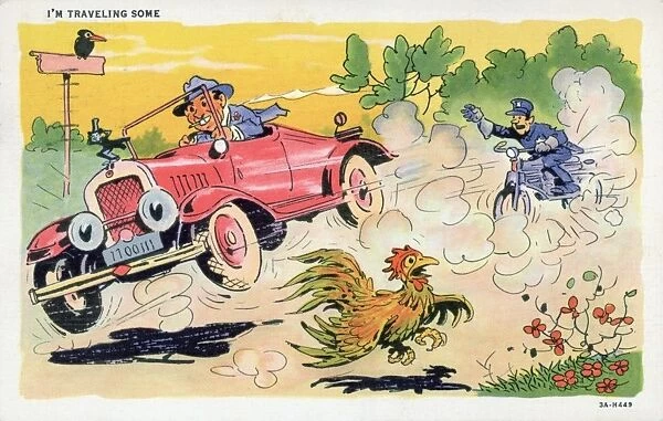 Cartoon of Police Chasing Speeding Motorist. ca. 1933, I M TRAVELING SOME. Dear Ethel: Wish you were with us, among the Indians and, hill-billys. I hope you are feeling better. We stopped at Laona (sic) this Anne Hills-, morning. Miss Ethel Fox, R. 2, NWestern Ave. Racine, Wis