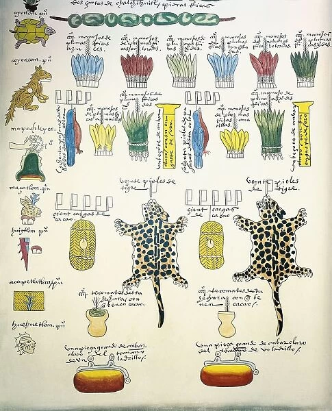 Codex Mendoza, reproduction of page with illustration of taxes paid to Aztec rulers by subject peoples