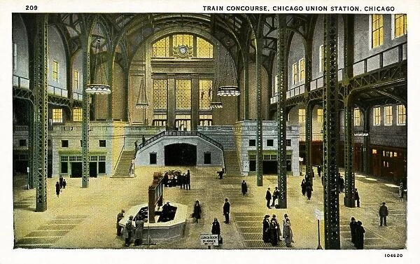 Concourse at Chicago Union Station. ca. 1925, Chicago, Illinois, USA, TRAIN CONCOURSE. CHICAGO UNION STATION. This majestic new railroad terminal occupies the entire block bounded by Jackson Boulevard, Adams Street, Canal and Clinton Streets. It furnishes accommodations to four railroads, the Pennsylvania, Chicago, Burlington and Quincy: Chicago Milwaukee & St. Paul and the Chicago and Alton Companies. The passenger station in itself is a massive rectangular edifice of white marble and with all improvements the total cost is about $65, 000, 000