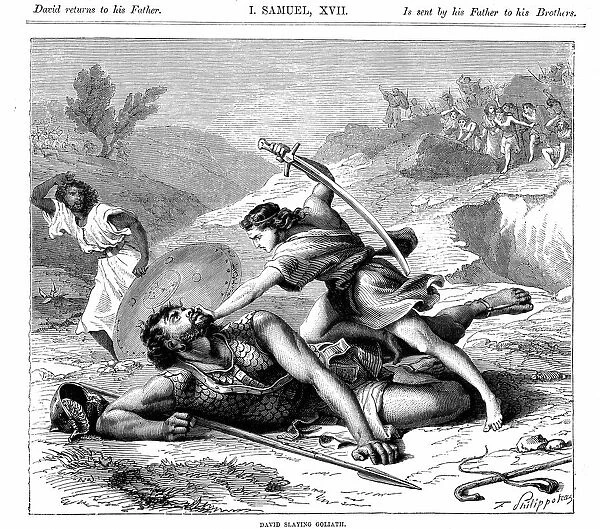 David slaying the Philistine giant Goliath. Bible I Samuel 17. Goliath 6 cubits (approx