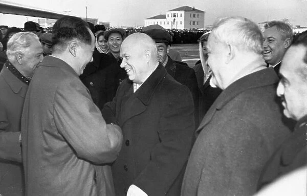 The delegation from the chinese peoples republic, headed by mao zedong, arriving at vnukovo airport in moscow and being greeted by nikita khrushchev, november 2, 1957, they have come to participate in the celebrations of the 40th anniversary of the great october socialist revolution