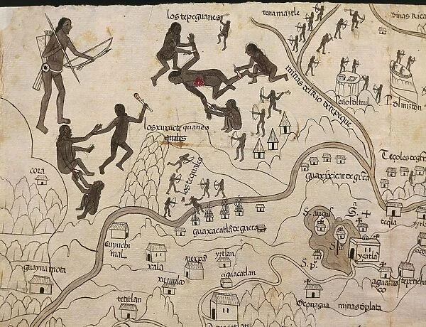 Detail depicting human sacrifice, from Map of Nueva Galicia, historic territory of Mexico, 1550