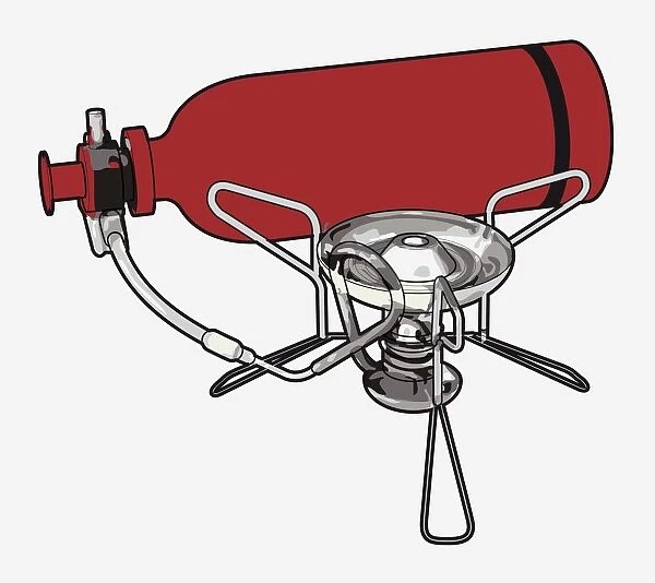 Digital illustration of camping stove connected to red fuel cylinder