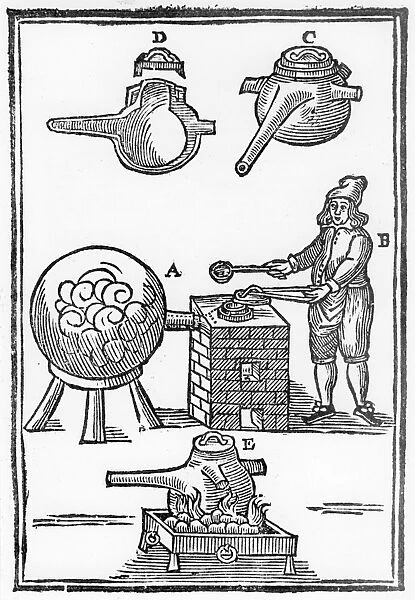 Distillation of oil of vitriol also known as sulphuric acid, 1651. Iron retort with cover