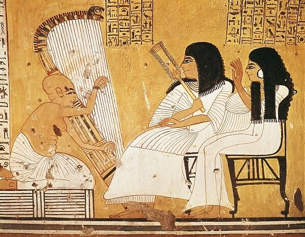 Egypt, Ancient Thebes, Dayr al-Madinah (Deir el-Medina), tomb of Anherkha, mural painting of deceased Khai-Inherkha and wife before blind harpist