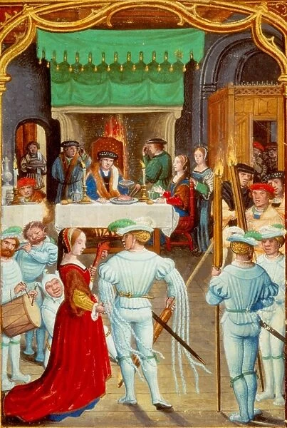 February: Torch dance at a feast. Lord and lady dine at table in front of fire in the Great Hall