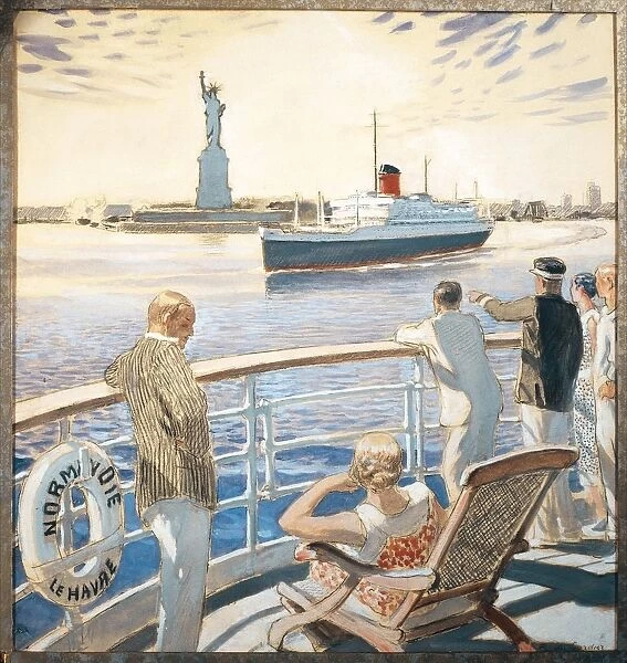 France, Amboise, Maiden voyage of the steam-ship Normandie, The entrance to New York harbor, watercolor