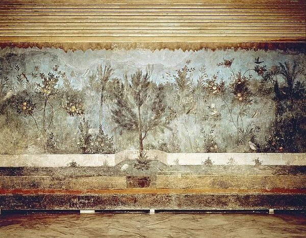 Fresco of the Triclinium in the House of Livia, Rome. Detail with trees, flowers and birds. Roman civilization