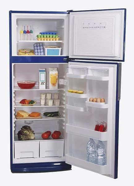 Fridge-freezer with its doors wide open, stocked with ice cube trays, frozen foods, drink cartons and bottles, fruit, vegetable, eggs and yoghurt pots, front view