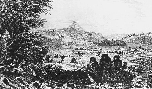 Fuegians at Woollya, with the expeditions camp in the background. From Robert