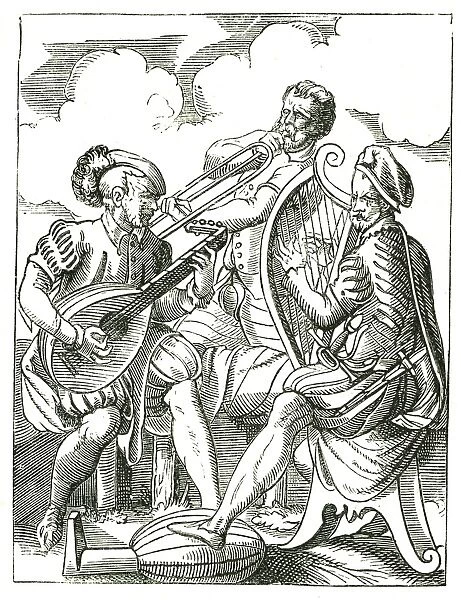 German musicians playing lute, left, Clarsach (Celtic harp) and horn. Woodcut by Jost Amman