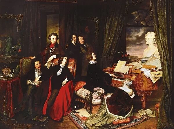 Germany, Berlin, Listz at piano with Alexandre Dumas, Victor Hugo, George Sand, Nicolo Paganini and Gioacchino Rossini
