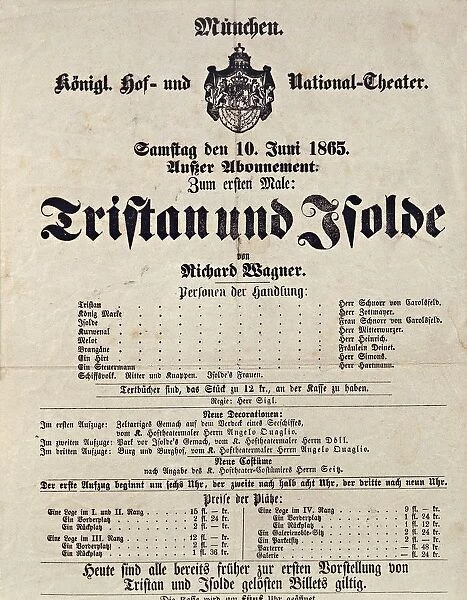 Germany, Munich, playbill for premiere of Tristan and Isolde, at National Theatre on 10th June, 1865