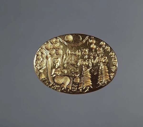 Gold signet ring with worship scene, female figures, landscape, sun and moon, from Mycenae, Acropolis treasure