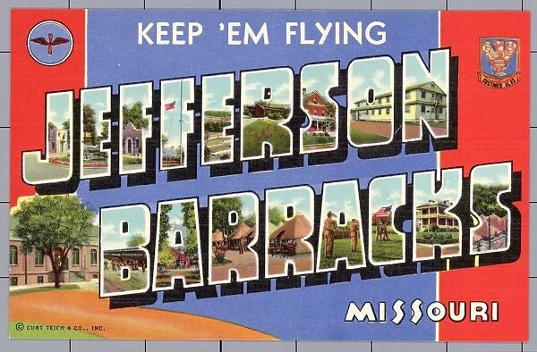Greeting Card from Jefferson Barracks. ca. 1941, Near St. Louis, Missouri, USA, Jefferson Barracks, established in 1826, is located just outside St. Louis, Mo. The post has a long history in military annals. At one time during the Civil War, General U. S. Grant headquartered here. It was only recently that the post became exclusively an Air Corps Replacement Training Center