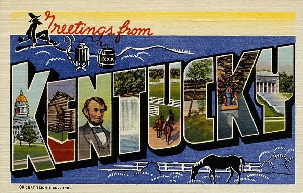 Greeting Card from Kentucky. ca. 1939, Kentucky, USA, KENTUCKY-An Iroquois word meaning Meadow Land. It was visited by Indian tribes from as far west as the Rocky Mountains, before 1750. The first white settlement was at Harrodsburg in 1774. Kentucky was the second district west of the Alleghenies to be settled and the first of that area (1792) to become a state