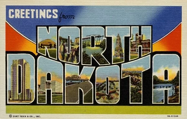 Greeting Card from North Dakota. ca. 1939, North Dakota, USA, N-University of N. Dak. Winter Sports Bldg. O-Sandstone Formations in the Bad Lands. R-N. P. High Line Bridge, Valley City. T-Geographical Center of N. America, Rugby. H-Agriculture College Building, Fargo. D-North Dakota State Capitol, Bismark. A-State Mill and Elevator, Grand Forks. K-Memorial Bridge over Missouri River. O-Petrified Logs in the Bad Lands. T-Cedar Canyon, Bad Lands. A-Red River Dam, Grand Forks
