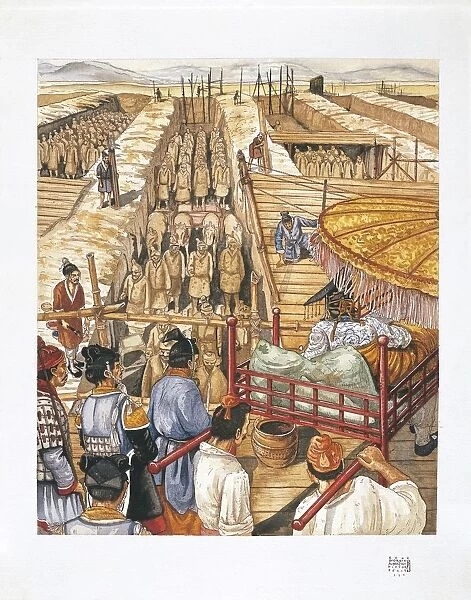Illustrating representing building of emperor Qin Shi Huang mausoleum, China
