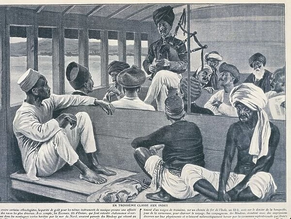 India, Sikh playing Scottish bagpipes in third-class train carriage from Journal des Voyages, engraving, 1909