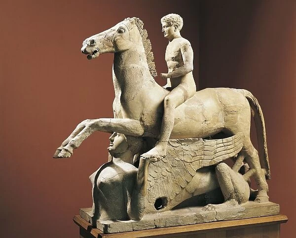 Italy, Calabria, Locri, Sculpture representing a naked knight and horse over a Sphinx, from the Temple of Zeus