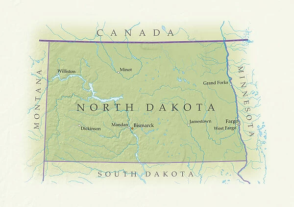 Map of North Dakota, close-up