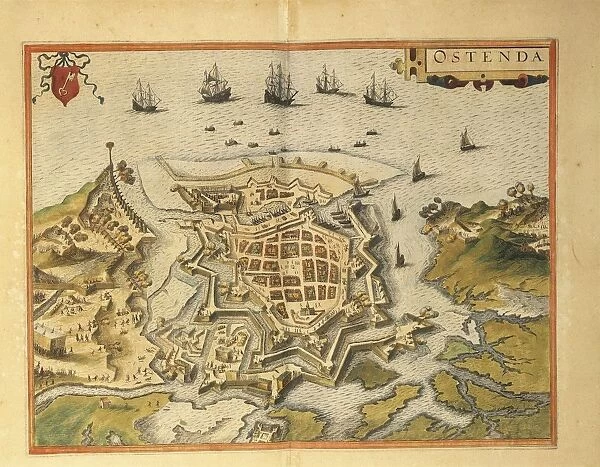 Map of Ostend from Civitates Orbis Terrarum by Georg Braun, 1541-1622 and Franz Hogenberg, 1540-1590, engraving
