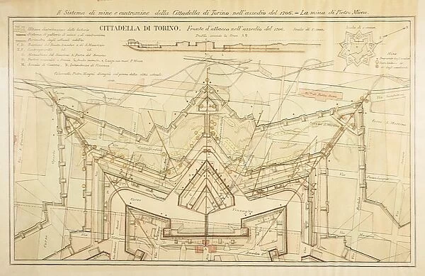 System of mines and countermines of Turins citadel during siege of 1706, attack front and Pietro Miccas mine, by Colonel Pietro Magni, drawing