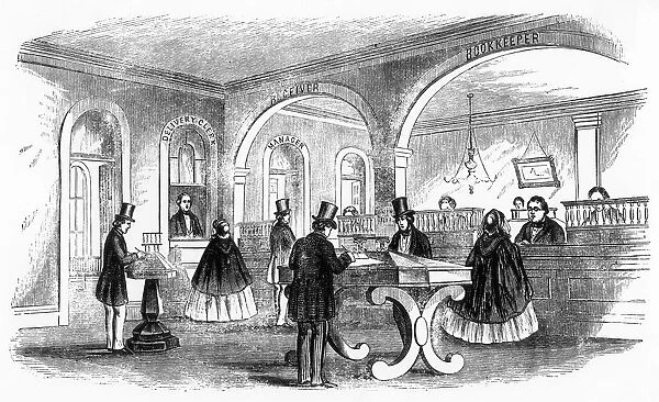 Morse telegraph. (1859). The public reception room where telegraph messages could be sent