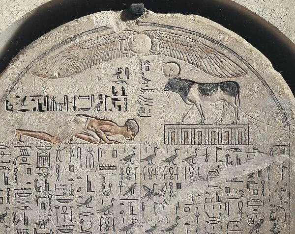 Painted limestone stele of god Apis, detail with the deceased in adoration before the Apis bull