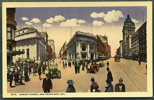 Postcard of Market Street in San Francisco. ca. 1915, Pedestrians stroll along Market Street in San Franciso at the time of the Panama-Pacific International Exposition in 1915