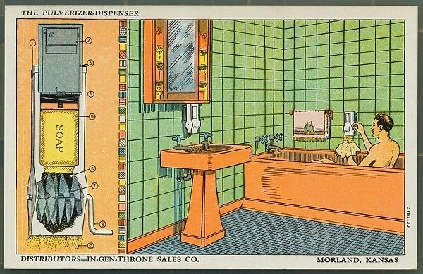 Postcard of Soap Dispenser Advertisement. ca. 1930, THE PULVERIZER-DISPENSER. DISTRIBUTORS-IN-GEN-THRONE SALES CO. MORLAND, KANSAS. The Pulverizer-Dispenser: 1. Made of sheet steel, finished in durable white enamel. 2. Lock, works automatically, requires no key, prevents removing or handling soap. 3. Door can not be locked when Dispenser is empty. After it is locked it can not be opened until refilling is necessary. 4. Spring presses soap firmly on pulverizers. 5. Any toilet soap may be used. 6. The soap is entirely used, no waste. From 40% to 60% less soap is required than by any other method. 7. The pulverizers, attached to shaft, when turned grind soap off bar evenly and smoothly. 8. Handle may be turned in either direction. 9. Pulverized soap drops in operators hand, produces small-bubble lather that cleanses quickly and is easily washed off. 10. Dispenser only requires 4x8 in. space. Is easily installed. Pric