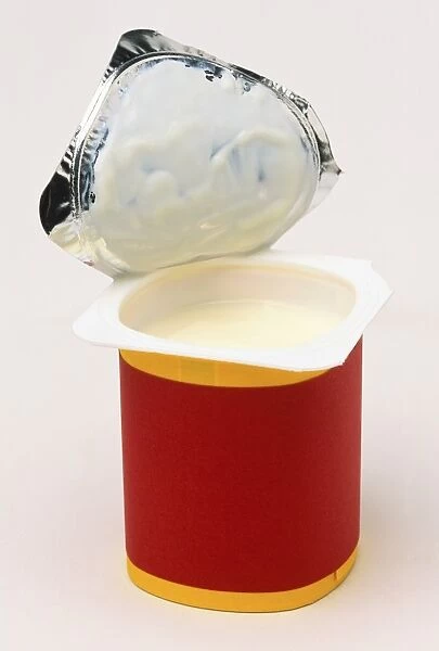 Pot of yogurt with foil lid pulled back to show lemon coloured yogurt, angled side view