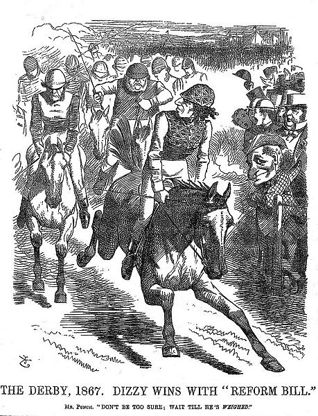 Punch cartoon Day at the races Derby Day 1867. Depicts Benjamin Disraeli
