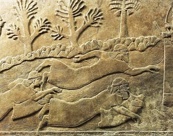 Relief with scene of flight from city besieged by Ashurbanipal, from ancient Nimrud, Calah, Iraq