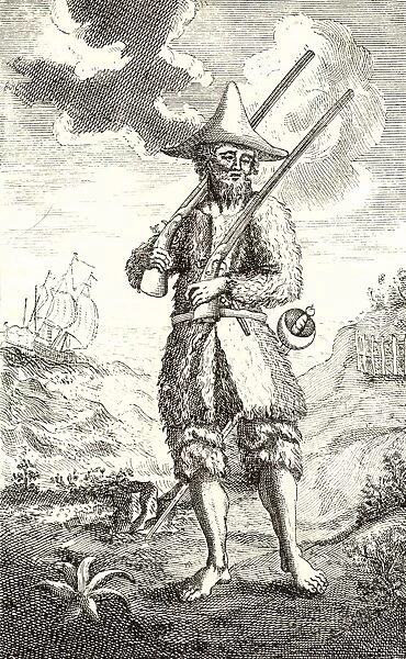 Robinson Crusoe, barefoot and dressed in goatskins, pictured on the island where